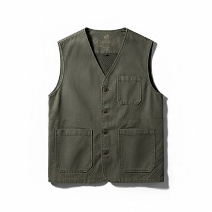 Luciano Men's Timeless Vest in green cotton – versatile men's workwear-inspired vest with button closure and pocket details by Polumi.