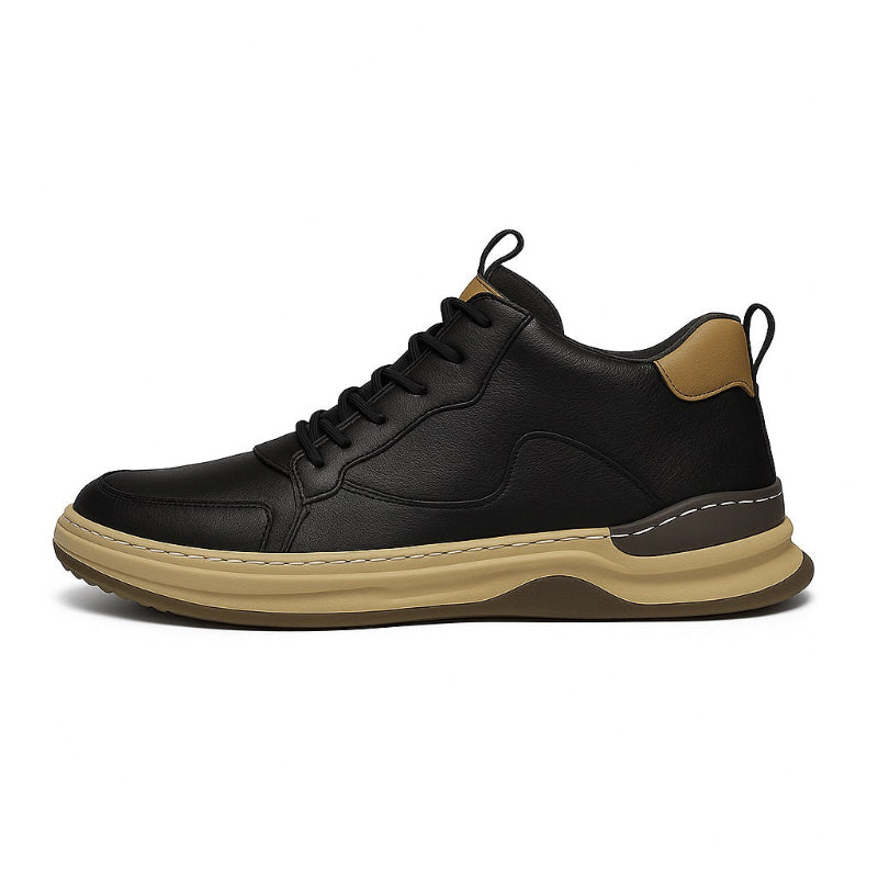 Ludovico Genuine Leather Shoes black – elegant men's sneakers in smooth genuine leather with contrasting beige sole and refined stitching.
