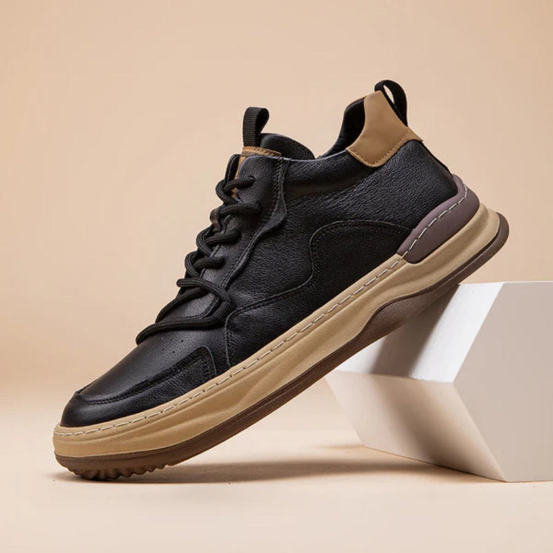 Ludovico Genuine Leather Shoes black – stylish black leather sneakers with tan heel detail and beige sole by Polumi.