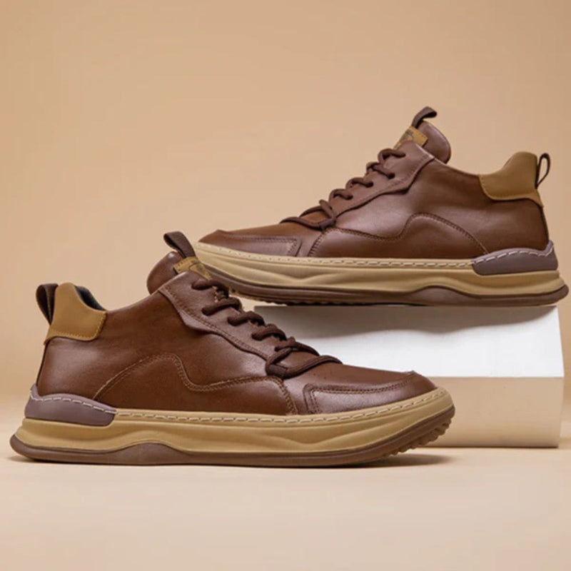 Ludovico Genuine Leather Shoes brown pair – men's brown leather sneakers with beige rubber sole displayed on neutral background by Polumi.