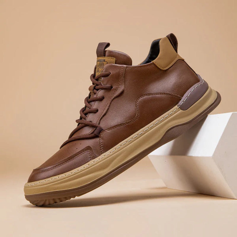 Ludovico Genuine Leather Shoes brown – elegant men's brown leather sneakers with beige sole and refined stitching by Polumi.