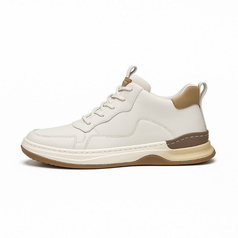 Ludovico Genuine Leather Shoes white – minimalist men's leather sneakers featuring soft padding, clean lines and stylish beige sole.