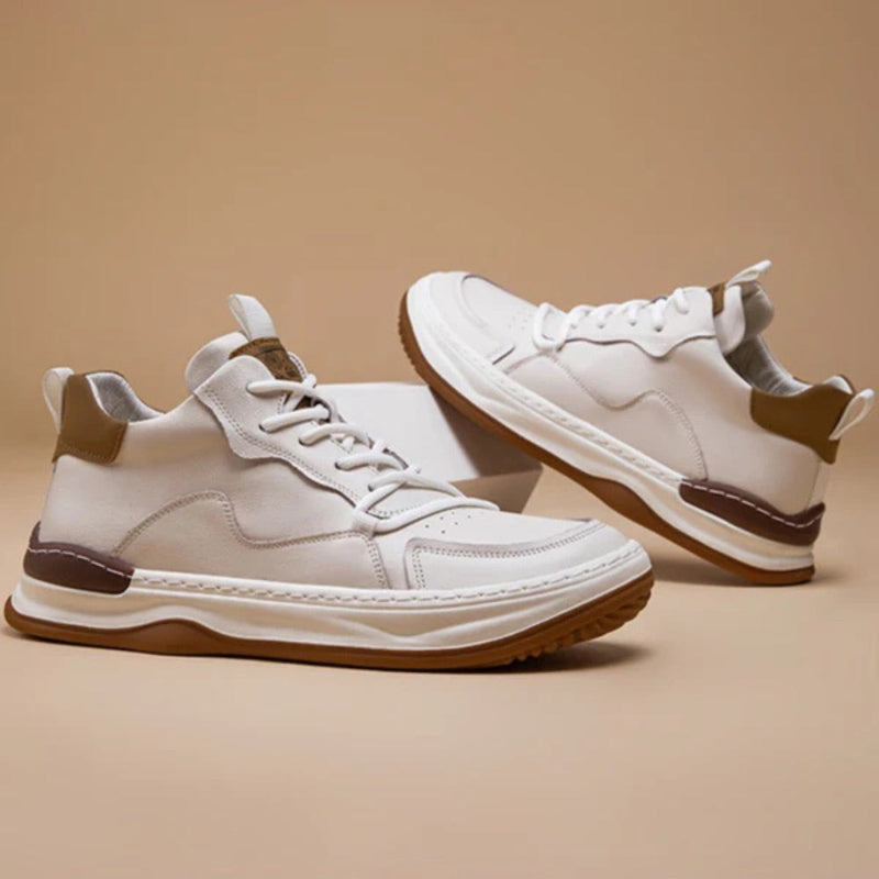 Ludovico Genuine Leather Shoes white pair – minimalist men's white leather sneakers with brown heel accent and stitched beige sole by Polumi.