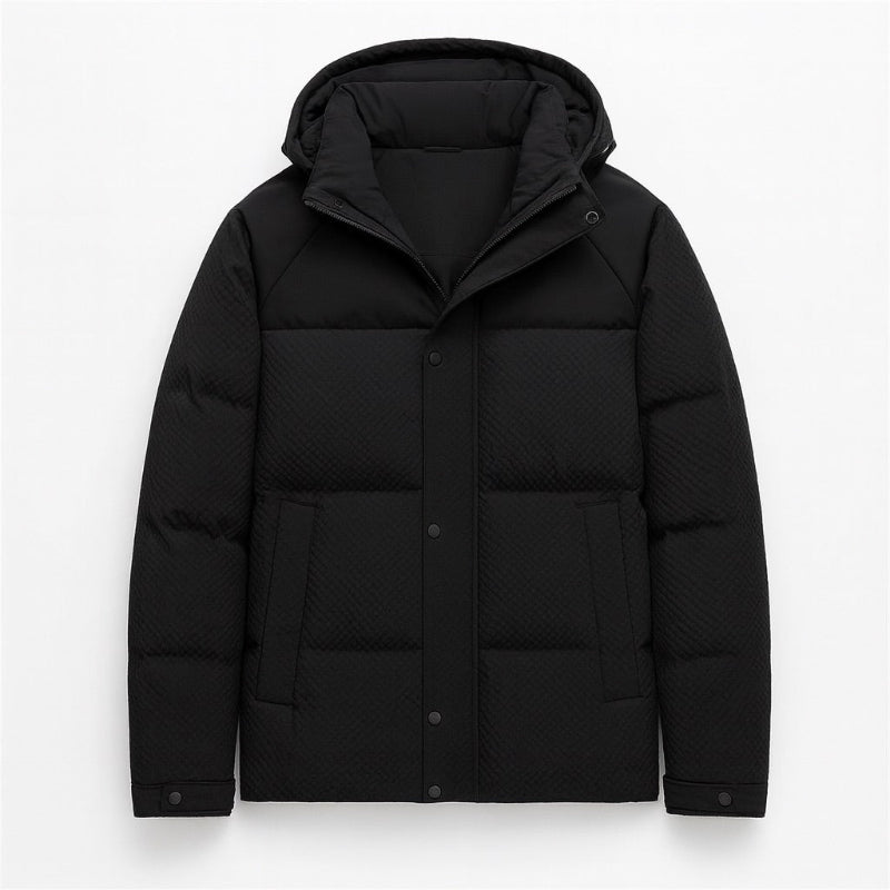 Ludovico Luxe Down Jacket in black by Polumi — luxury men’s puffer coat featuring refined structure, detachable hood, and modern minimalist style.