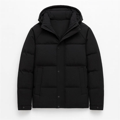 Ludovico Luxe Down Jacket in black by Polumi — luxury men’s puffer coat featuring refined structure, detachable hood, and modern minimalist style.