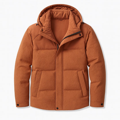 Polumi Ludovico Luxe Down Jacket in orange — men’s premium winter parka with quilted texture, insulated warmth, and elegant matte finish.
