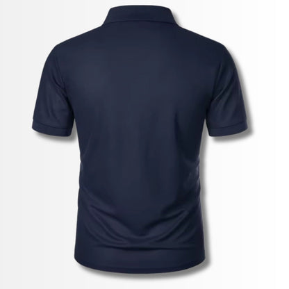 Back view of Luigi Cotton Slim Fit Polo in navy – breathable cotton men’s polo shirt with a clean, minimalist design.