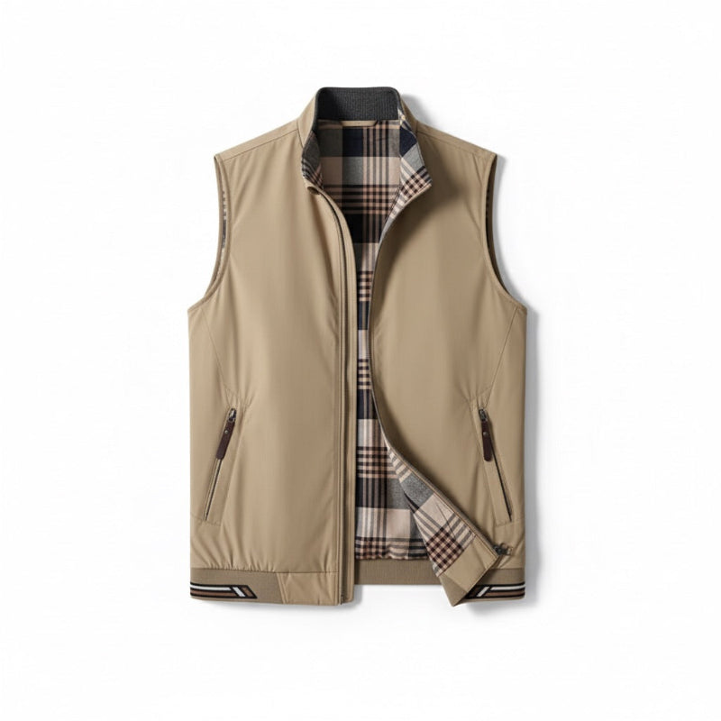 Luigi Heritage Plaid Vest in beige – men's casual lightweight vest with check pattern interior and zip closure by Polumi.