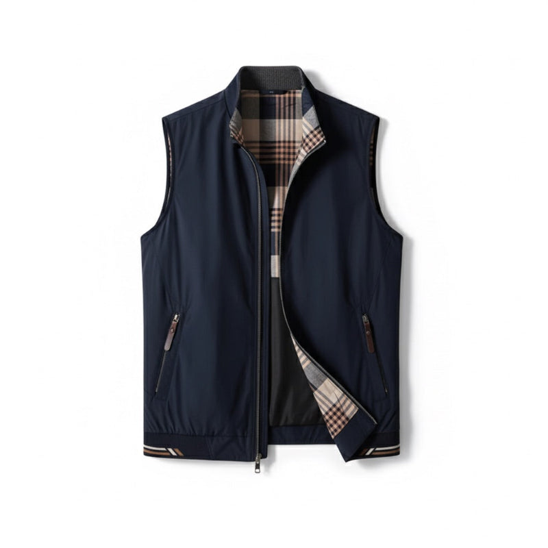 Luigi Heritage Plaid Vest in midnight blue – men's sleeveless lightweight vest with plaid inner lining and classic zipper front by Polumi.