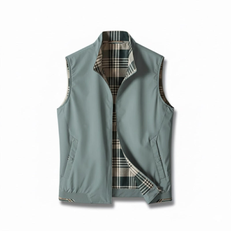 Luigi Heritage Plaid Vest in slate teal – stylish men's outerwear vest with plaid lining and minimalist zipper design by Polumi.
