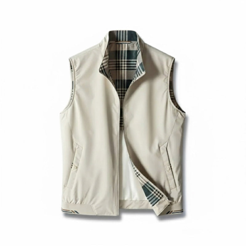 Luigi Heritage Plaid Vest in summit white – men's elegant sleeveless vest with modern plaid interior and clean tailored cut by Polumi.