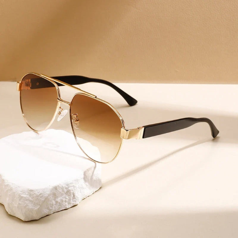 Brown Luigi Italian Aviators Sunglasses featuring gold frame and warm brown gradient lenses with black acetate temples.