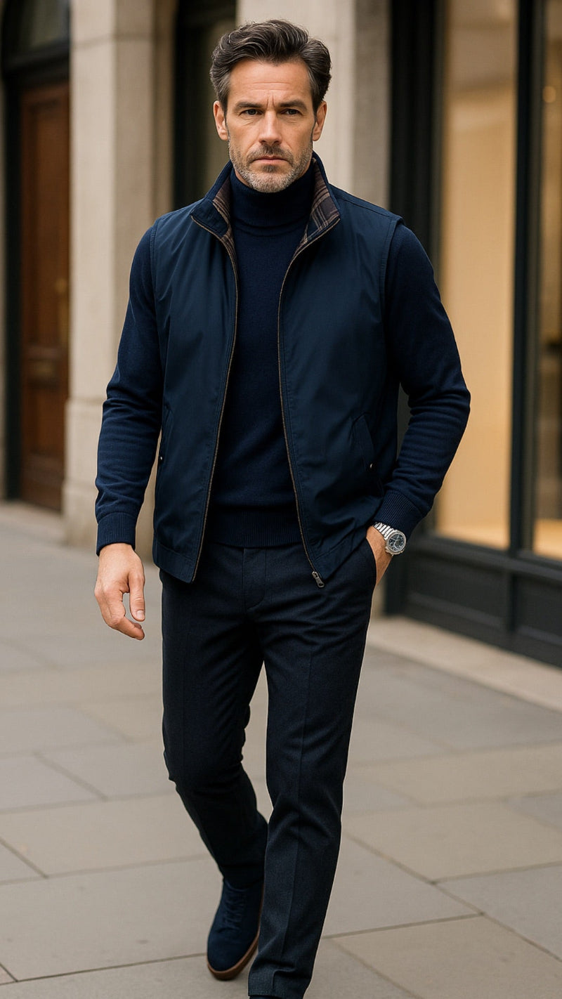 Sophisticated navy outfit featuring the Luigi Plaid Vest in navy from Polumi, layered over a navy turtleneck with matching tailored trousers. Tonal luxury menswear look for refined cooler-season style.