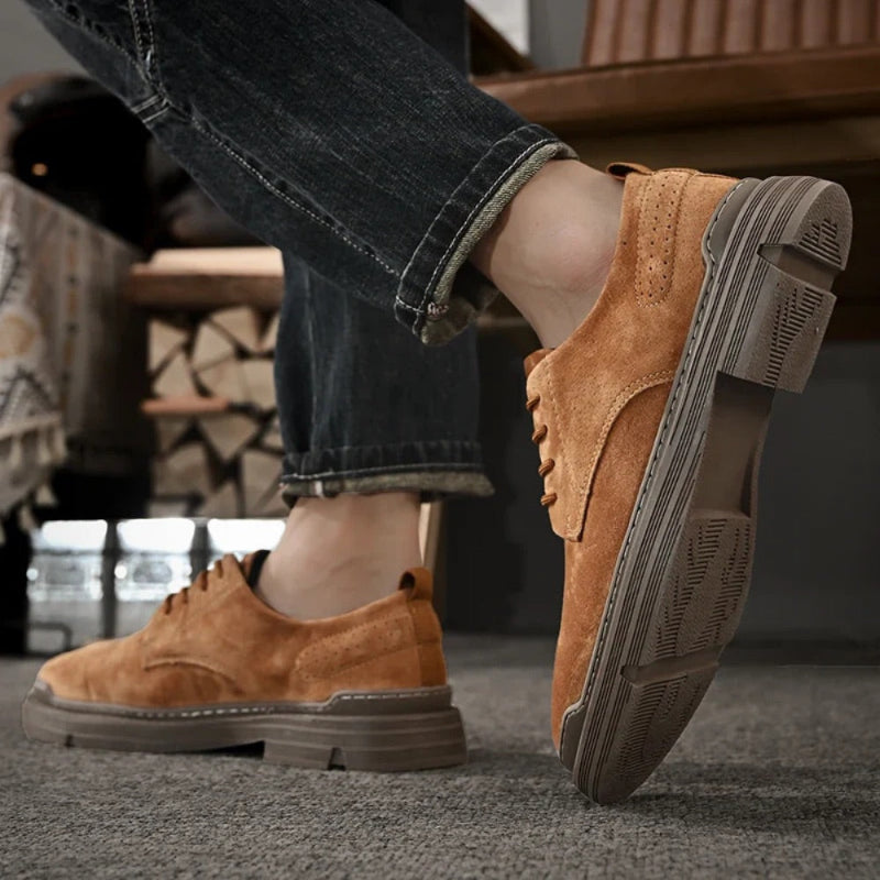 Mario Genuine Suede Shoes – brown men’s loafers worn on foot, side view; casual look with comfortable grip sole.
