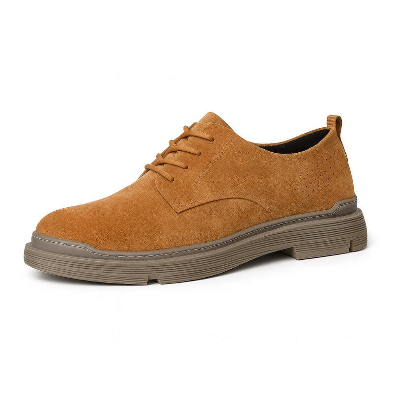 Mario Genuine Suede Shoes in brown – top view of men's classic lace-up suede shoes with smooth texture and refined Italian craftsmanship by Polumi.
