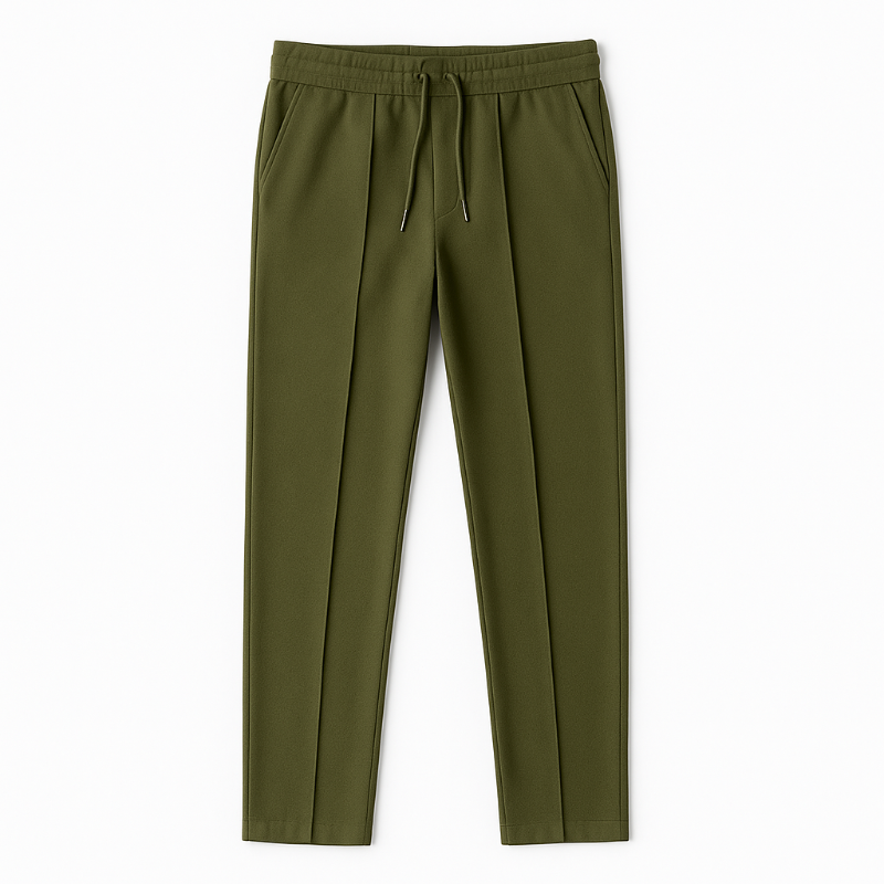 Green Massimo Casual Straight Fit Pants – modern straight fit men’s trousers by Polumi with drawstring waist and tailored cu