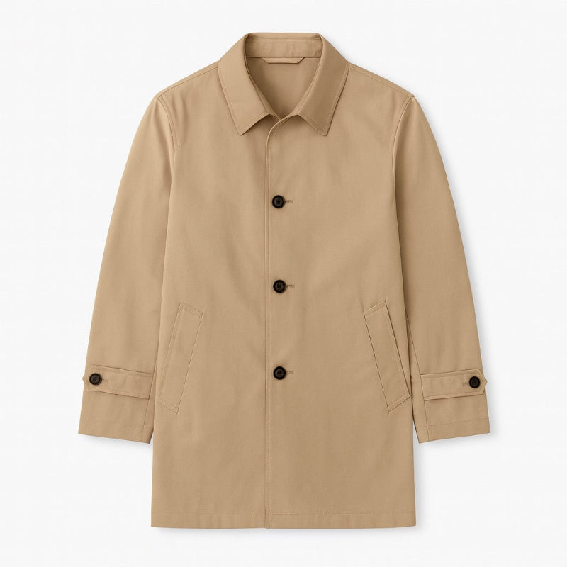 Beige Massimo Exclusive Trench Coat flat lay view, minimalist men’s outerwear with button closure and side pockets.