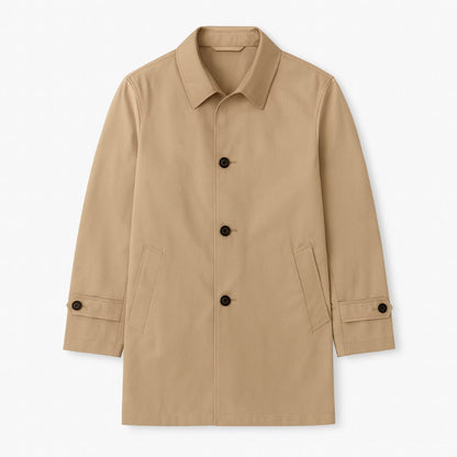 Beige Massimo Exclusive Trench Coat flat lay view, minimalist men’s outerwear with button closure and side pockets.