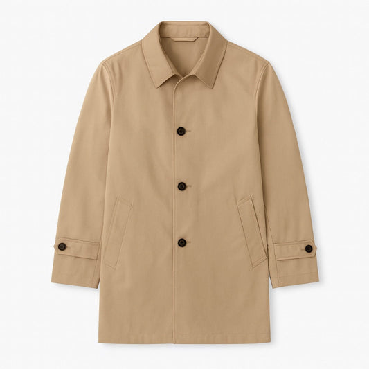 Beige Massimo Exclusive Trench Coat flat lay view, minimalist men’s outerwear with button closure and side pockets.