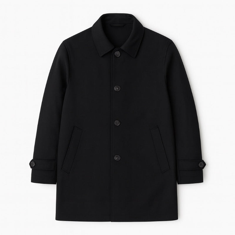 Black Massimo Exclusive Trench Coat flat lay, elegant men’s trench with structured collar and refined design.