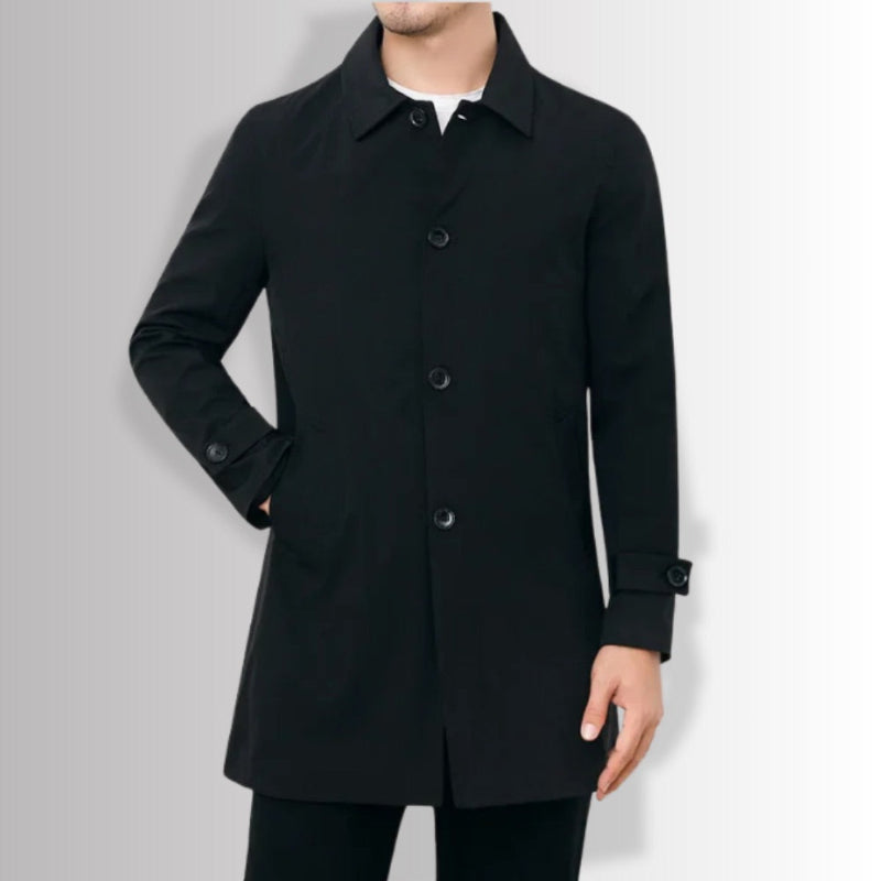 Massimo Exclusive Trench Coat in black, timeless men’s outerwear designed for refined everyday elegance.