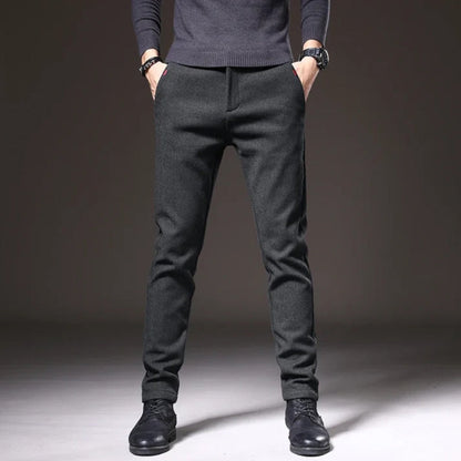 Front full-body view of dark gray Massimo Modern Slim Pants, modern tailored fit for men.