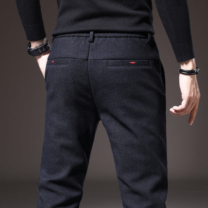 Rear view of navy Massimo Modern Slim Pants, slim-fit wool trousers for men with refined finish.