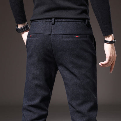 Rear view of navy Massimo Modern Slim Pants, slim-fit wool trousers for men with refined finish.