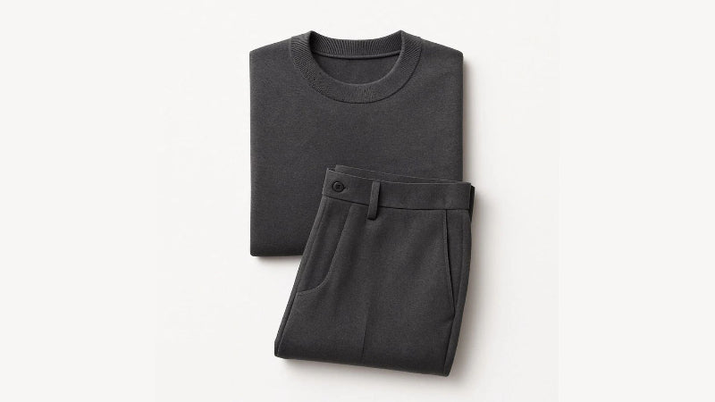 Polumi men’s matching outfit — grey knit sweater and tailored trousers set offering a clean, coordinated look for effortless sophistication.