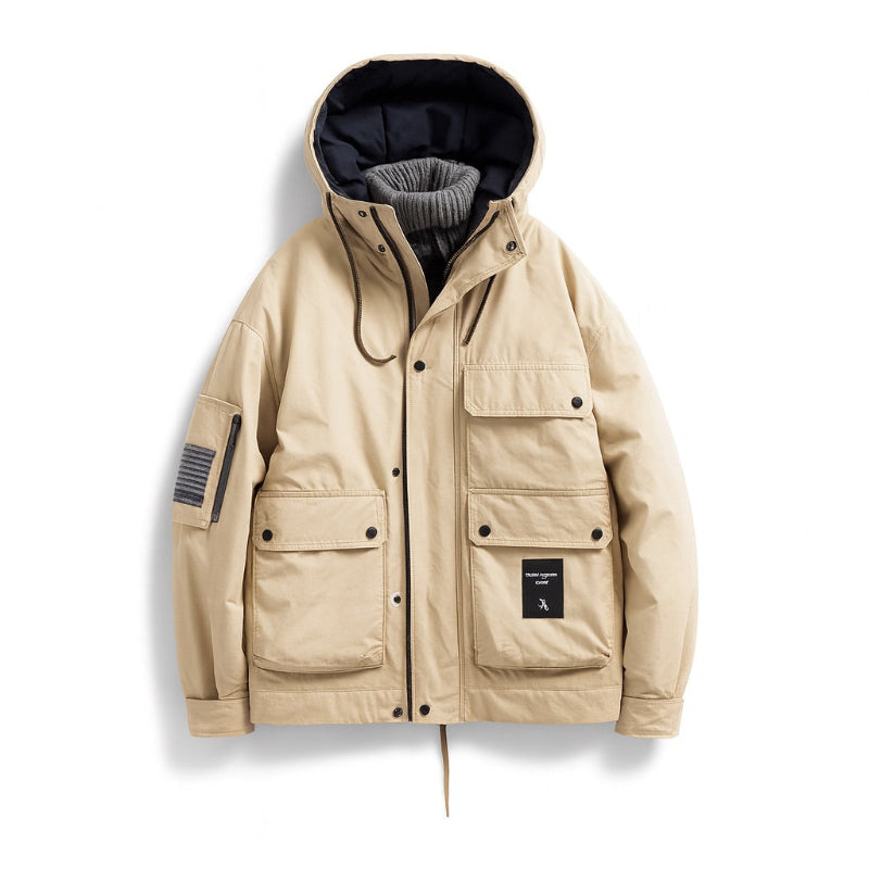Matteo Mountains Alpi Warm Parka beige – men's beige parka with multi-pocket design, warm lining and adjustable hood by Polumi.