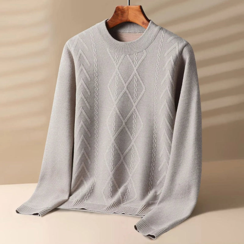 Light gray Mauro Crewneck Knit Sweater with diamond cable knit pattern, soft wool blend and refined Italian design.