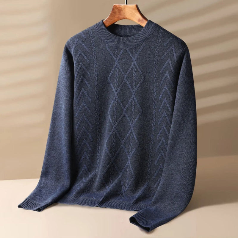 Navy Mauro Crewneck Knit Sweater featuring elegant diamond knit pattern and timeless crewneck silhouette.