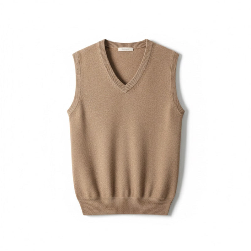 Mauro Premium Merino Wool Gilet – men’s brown vest, front view; V-neck cut and ribbed edges in pure merino wool.