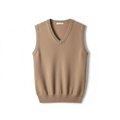 Mauro Premium Merino Wool Gilet – men’s brown vest, front view; V-neck cut and ribbed edges in pure merino wool.