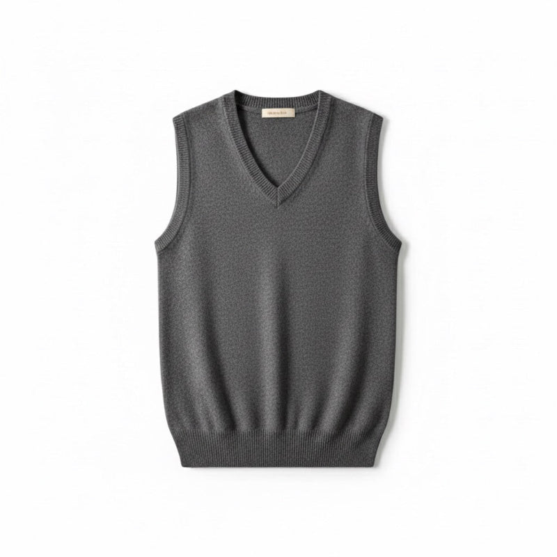 Mauro Premium Merino Wool Gilet – men’s dark gray vest, front view; V-neck cut and ribbed edges in pure merino wool.