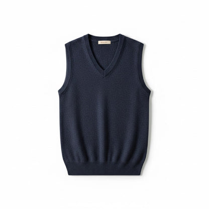 Mauro Premium Merino Wool Gilet – men’s navy vest, front view; V-neck cut and ribbed edges in pure merino wool.