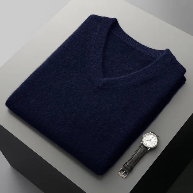 Mauro Premium Merino Wool Gilet – men’s V-neck sweater in navy, top view; rich color and luxurious wool blend.
