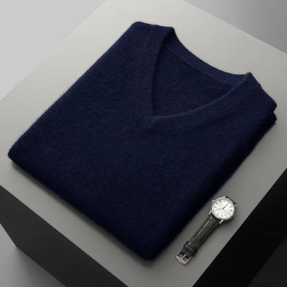 Mauro Premium Merino Wool Gilet – men’s V-neck sweater in navy, top view; rich color and luxurious wool blend.
