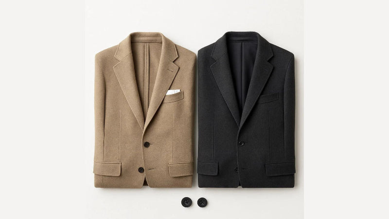 Polumi men’s blazers — camel and charcoal wool tailored jackets folded flat, showcasing refined Italian-inspired craftsmanship