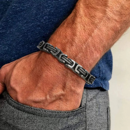 Gunmetal men’s rope chain bracelet with bold square links styled with casual t-shirt, masculine and versatile accessory.
