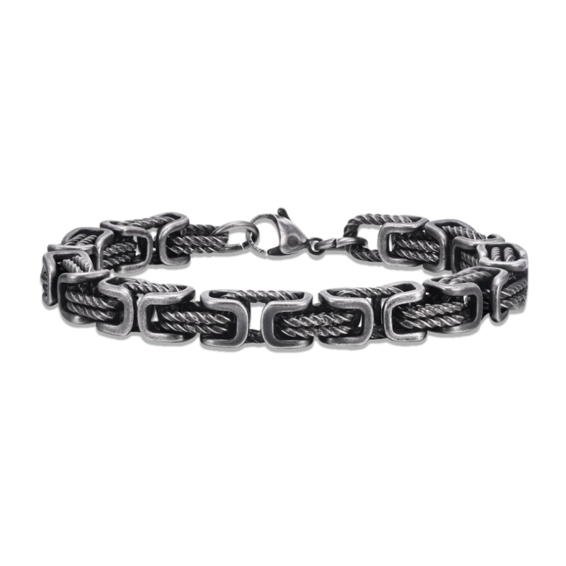 Men’s rope chain bracelet in gunmetal gray with bold square links and vintage finish, stylish masculine accessory for casual and elegant outfits.
