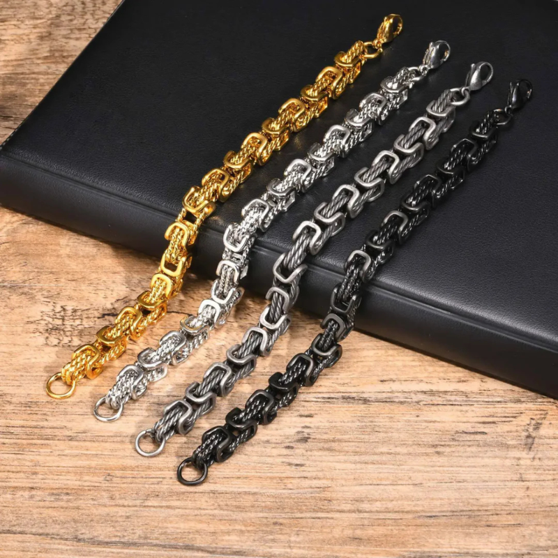 Set of men’s rope chain bracelets in gold, silver, gunmetal, and black, stylish stainless steel accessories for versatile looks