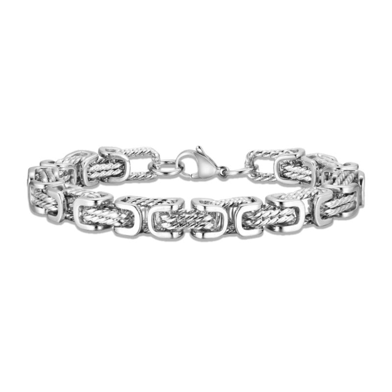 Men’s rope chain bracelet in polished silver stainless steel with textured square links, modern and versatile accessory for everyday wear.