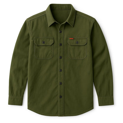 Men’s army green cotton shirt with buttoned chest pockets – casual outdoor style.