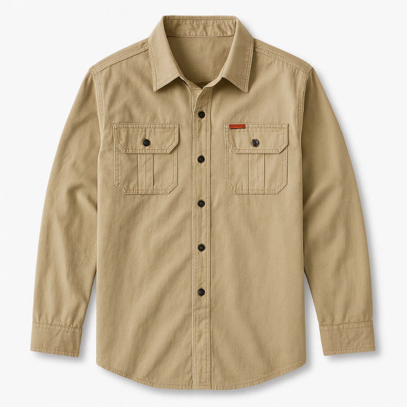 Men’s long sleeve cotton shirt with chest pockets in khaki – versatile casual wear.