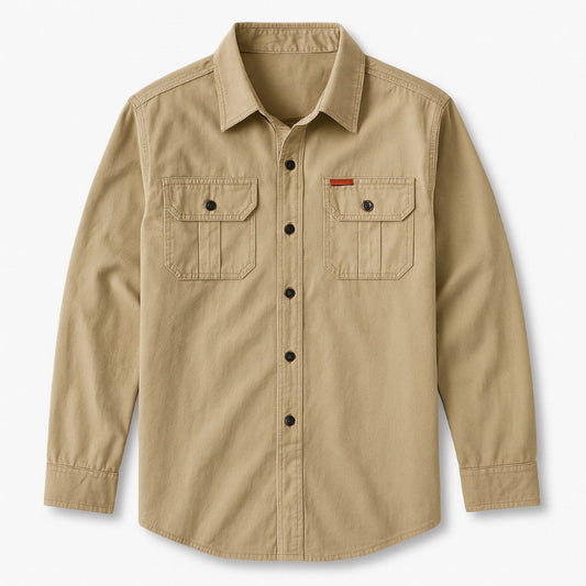 Men’s long sleeve cotton shirt with chest pockets in khaki – versatile casual wear.