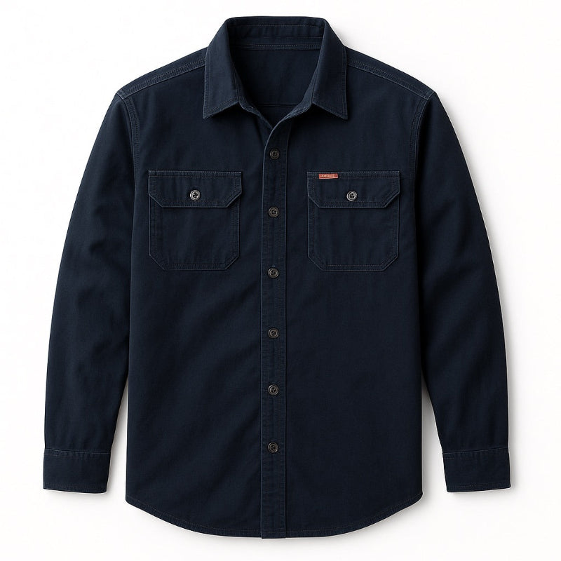 Men’s long sleeve cotton shirt with button closure in navy blue – casual slim fit.
