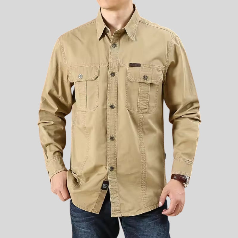 Male model wearing men’s khaki cotton shirt with button closure – casual slim fit.