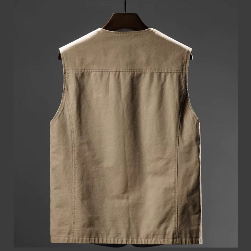 Men’s beige multi-pocket vest back view – sleeveless cotton vest with straight cut design.