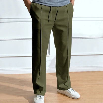 Men’s army green relaxed fit trousers with drawstring waistband and tailored straight leg.